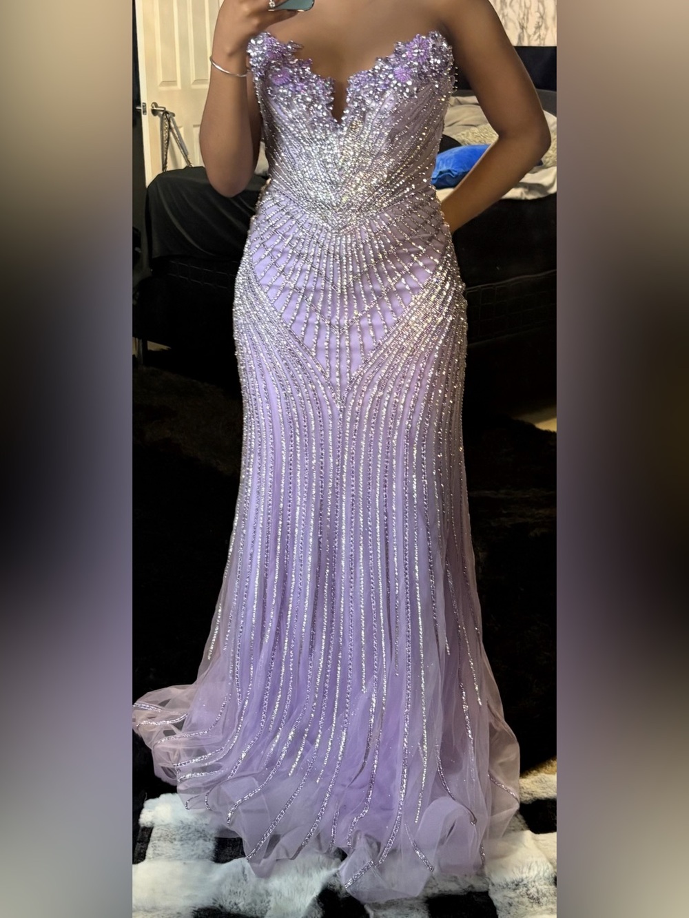 Lavender Beaded Strapless Prom Gown